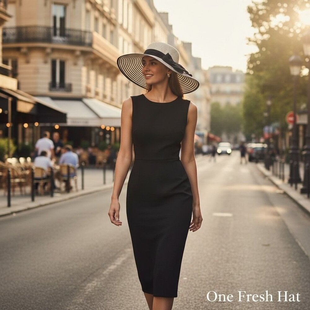 Wide-Brimmed Black & White Striped Sun Hat With Bow Accent Elegant Straw Design
